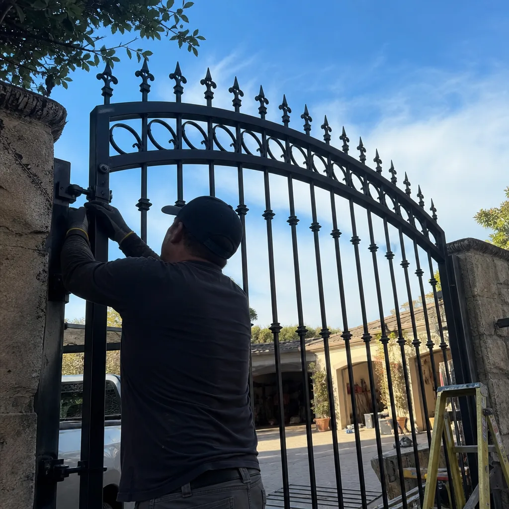 Professional technician installing or repairing a decorative black metal gate