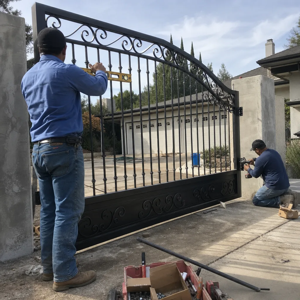 Two professionals installing a decorative black wrought iron driveway gate.