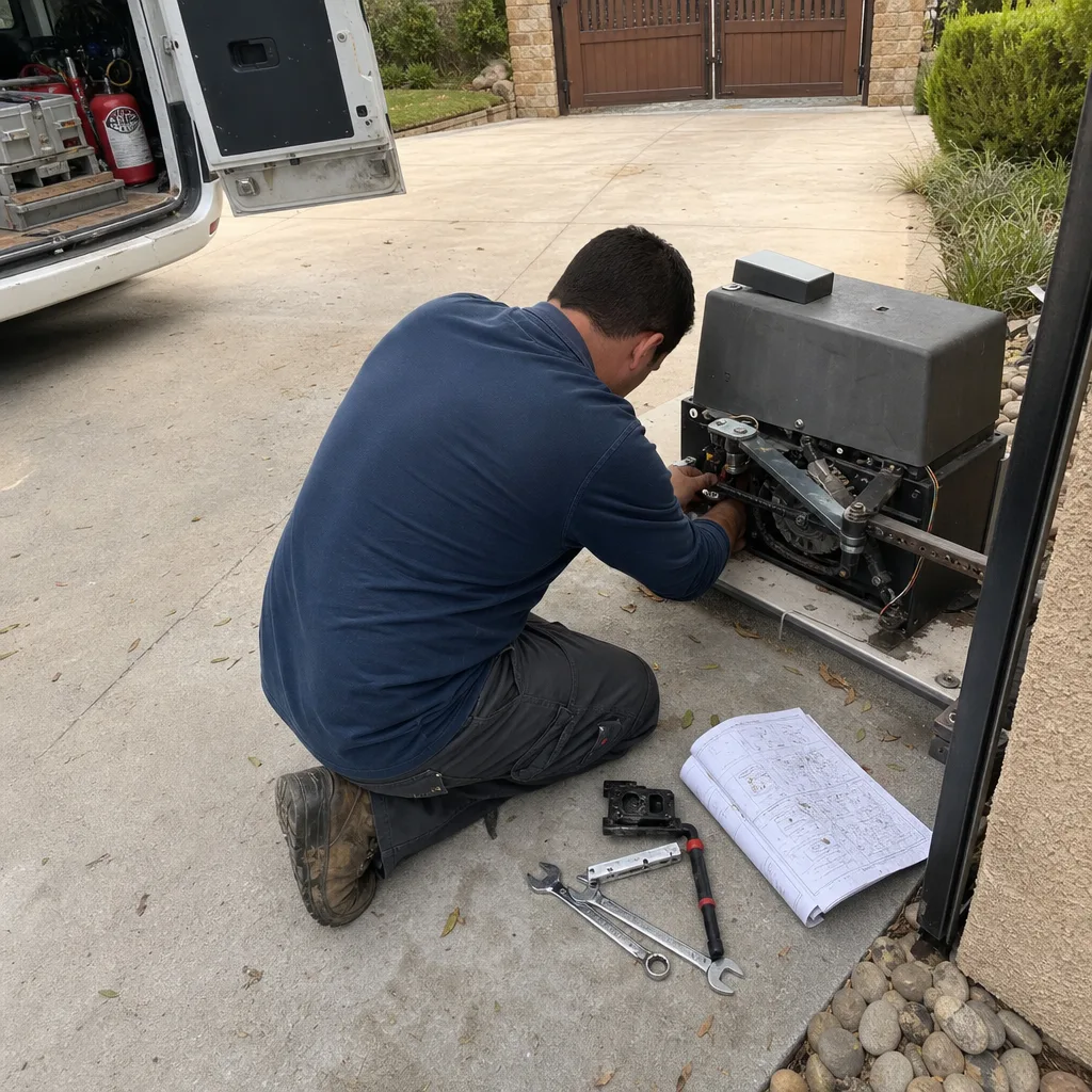 Technician performing professional gate motor repair and maintenance service