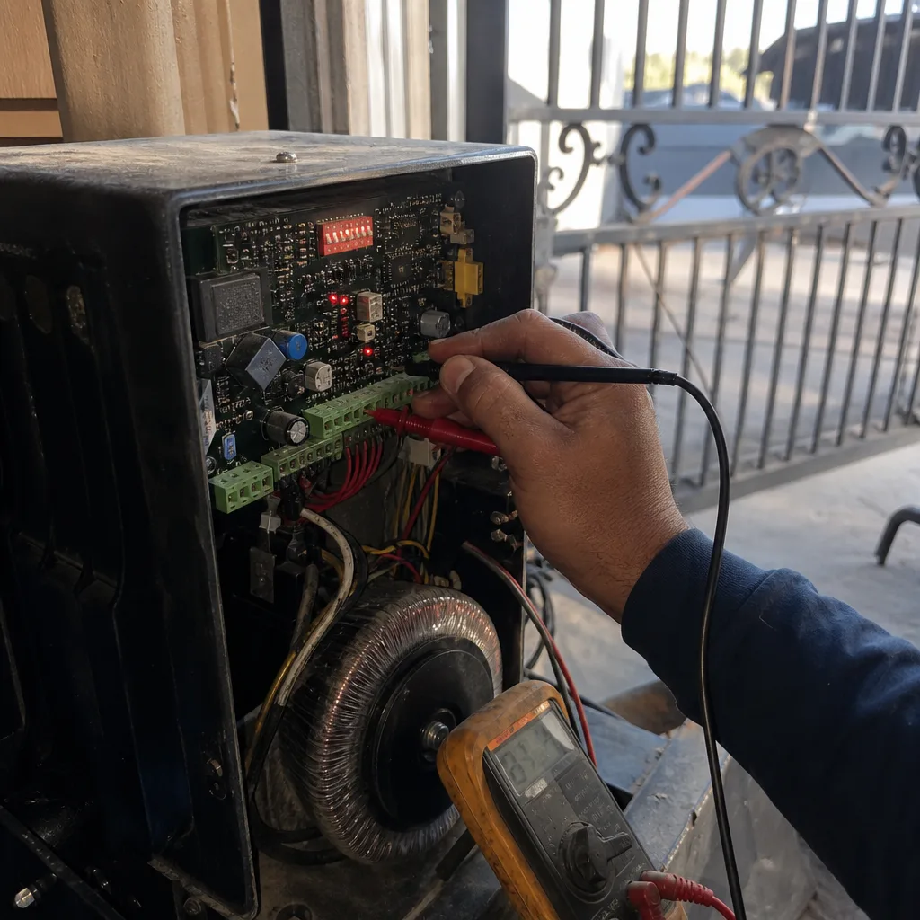 Technician troubleshooting gate motor control board with a multimeter