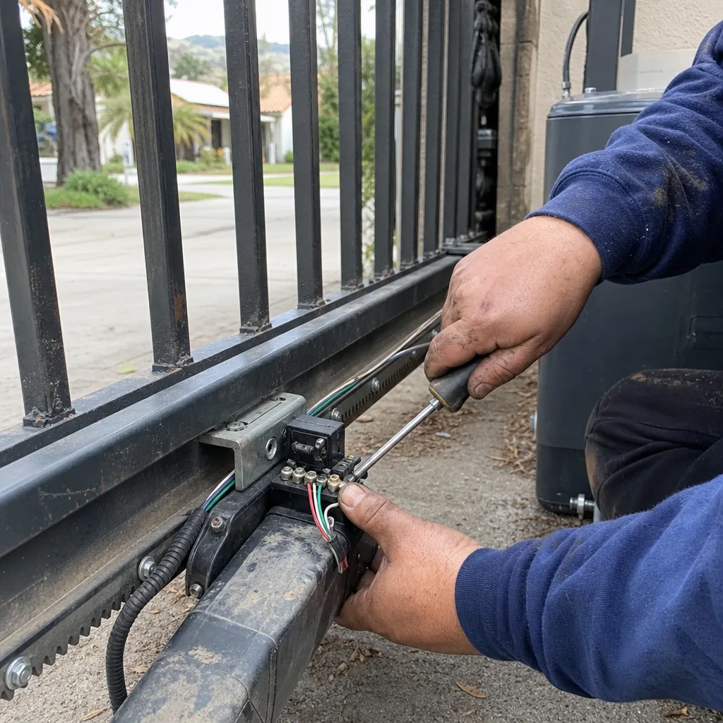 Technician performing professional gate motor and opener repair service