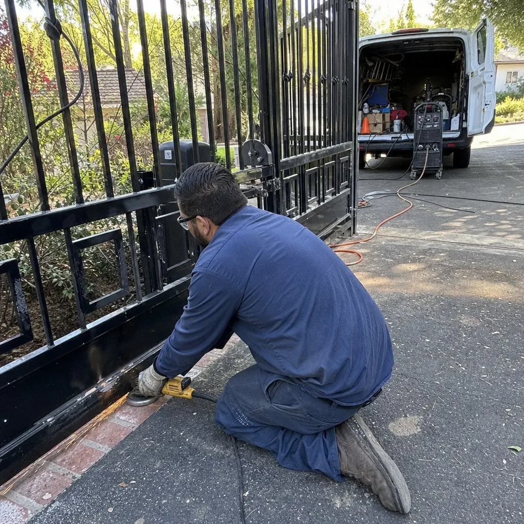 Technician using an angle grinder for professional metal gate repair
