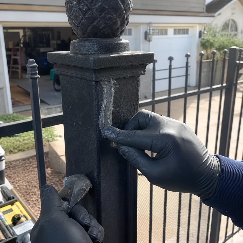 Technician repairing a damaged metal gate post with epoxy putty